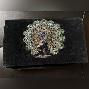 Embroidered Peacock Velvet Clutch